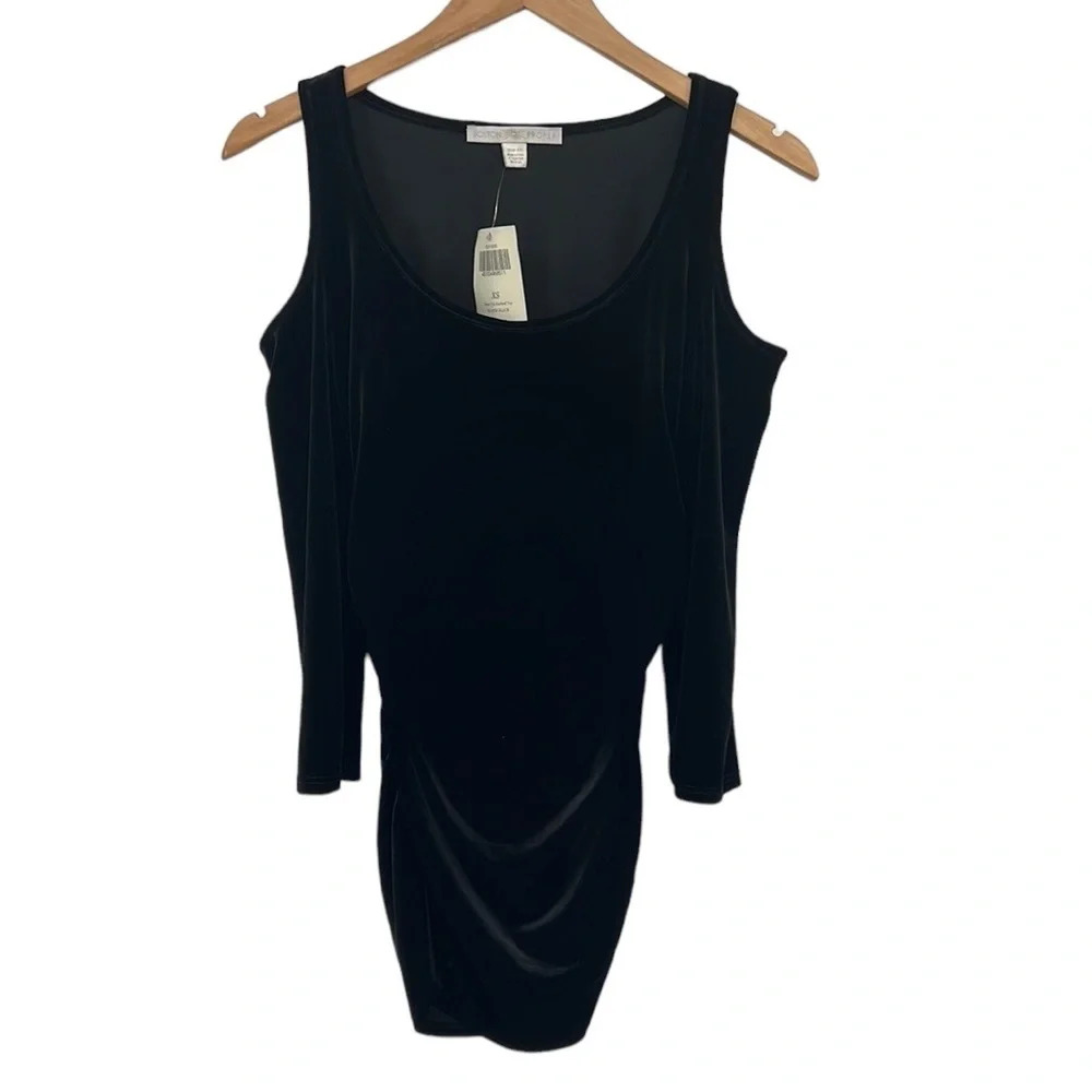 Boston Proper Tops Womens‎ XS Black Velvet Cold Shoulder Ruched Tunic